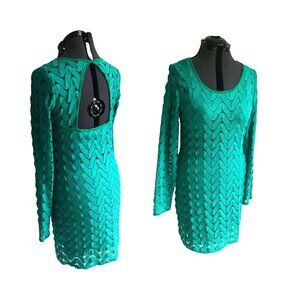 FREE PEOPLE Crochet Lace Green Blue Teal Long Sleeve Lined Dress, Large